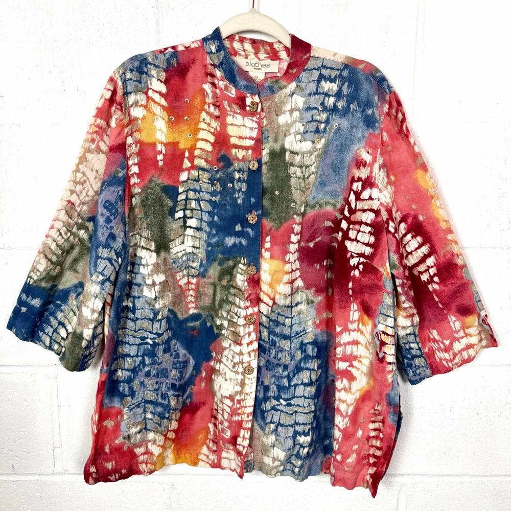 Womens Linen Blend Top Button Up Mandarin Collar Sequins Artsy Colorful Beach 1X